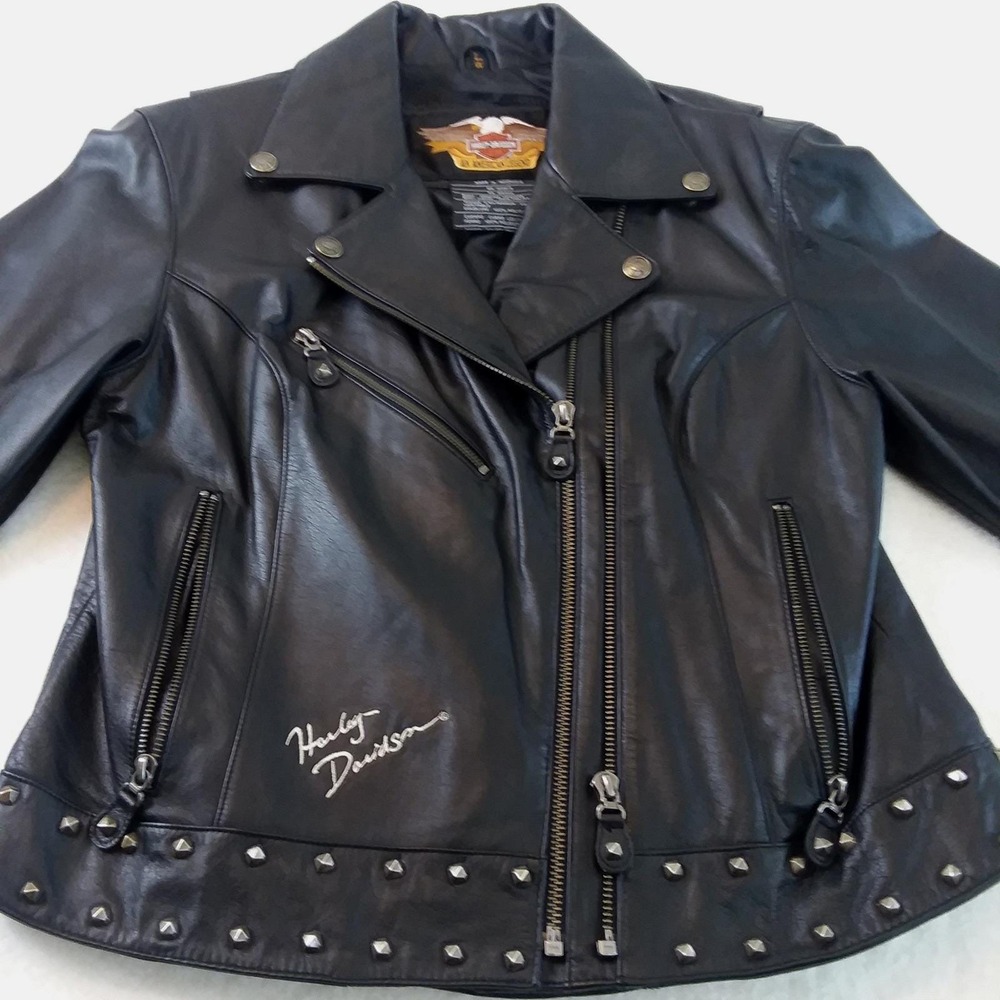 VTG Harley Davidson Womens L Leather Wing Motorcycle Jacket Studded Black Biker - Picture 8 of 16